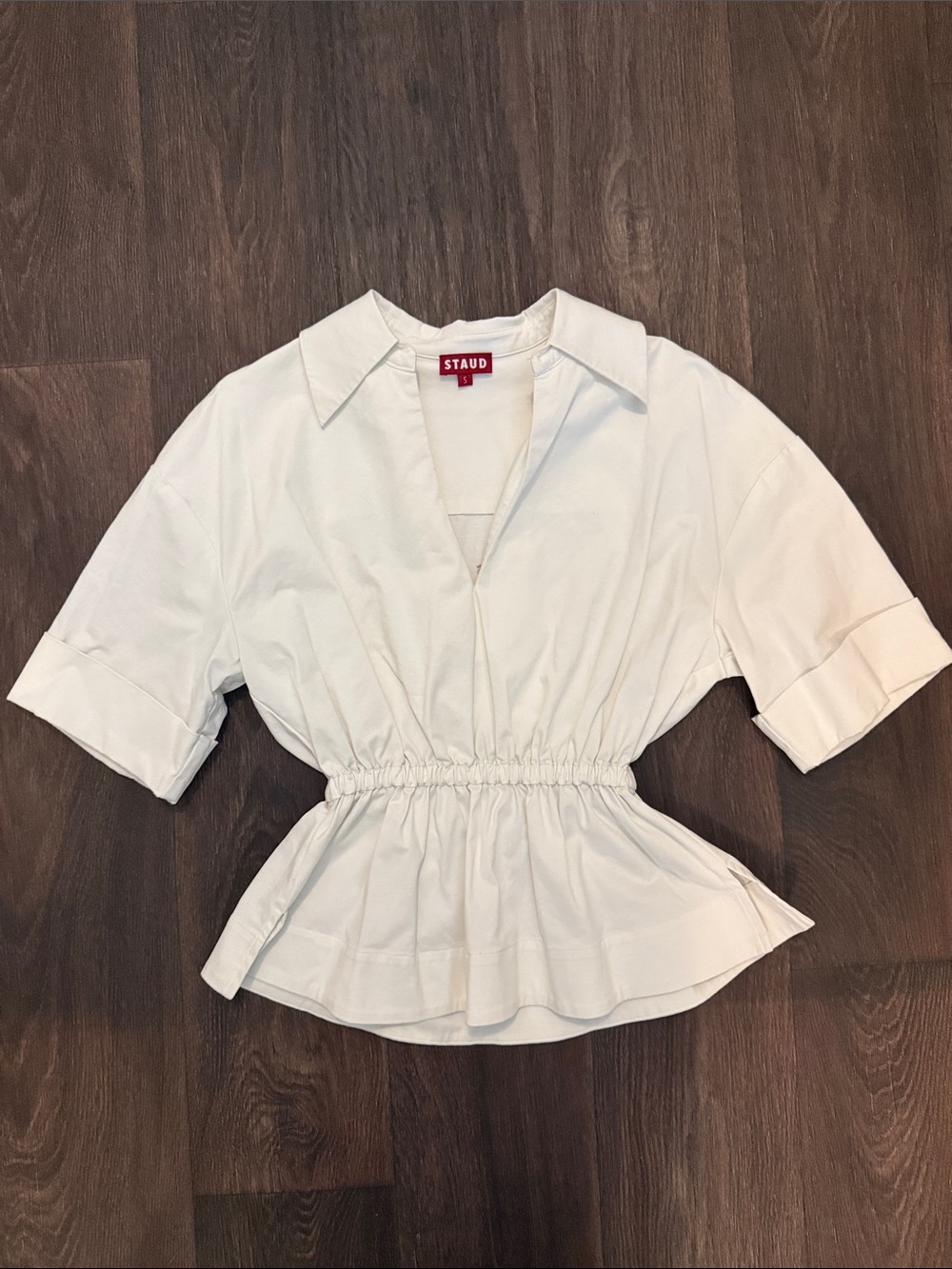 STAUD Ivory Cinched-Waist Poplin Top